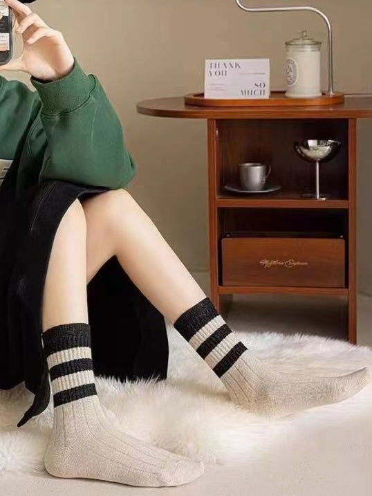 Ladies Rib Knit Color Block Stripe Socks SKASC4176