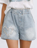 Ladies Rhinestone Heart Wide Leg Drawstring Denim Shorts