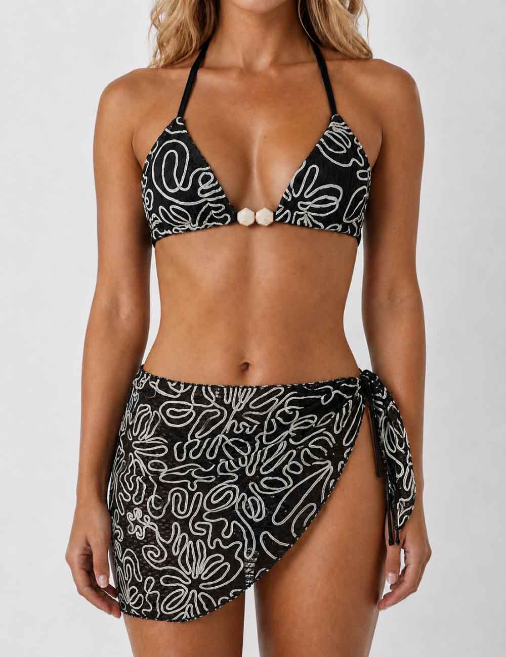 Ladies Crochet Triangle Bikini Set with Wrap Cover Up Skirt