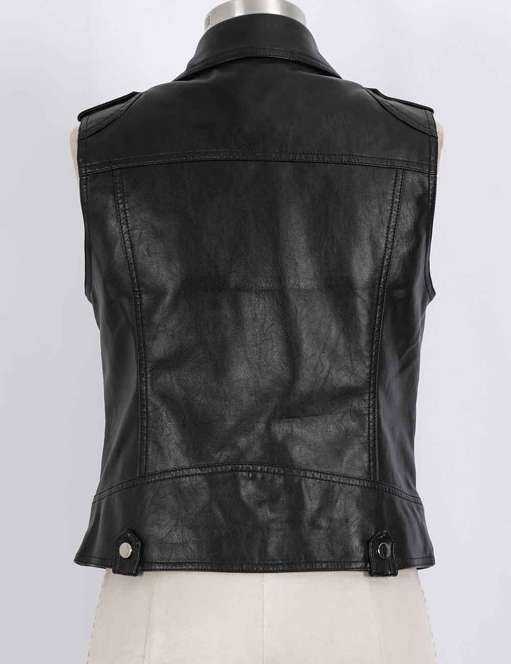 Ladies Faux Leather Notched Collar Zip-Up Sleeveless Vest