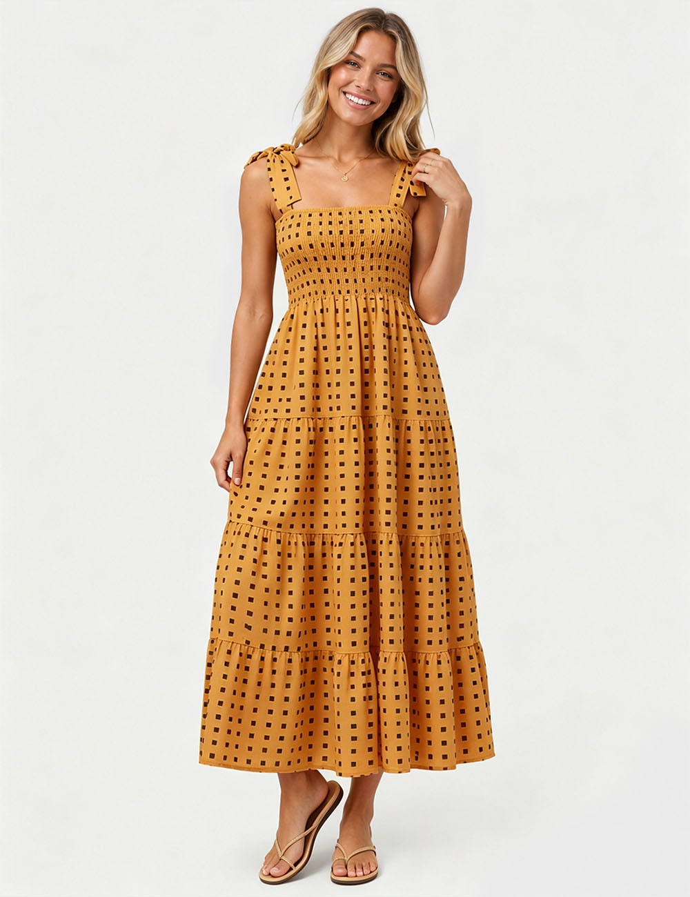 Ladies Abstract Print Smocked Tie Strap Square Neck Midi Dress