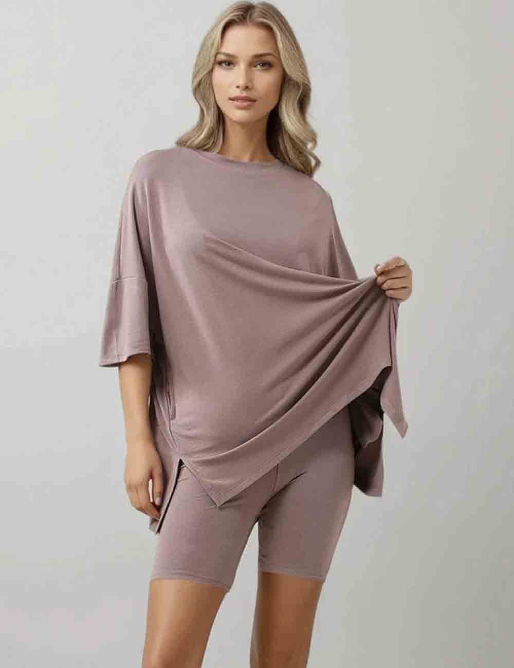Ladies Solid Loungewear Outfits Loose Top & Slim Shorts Set