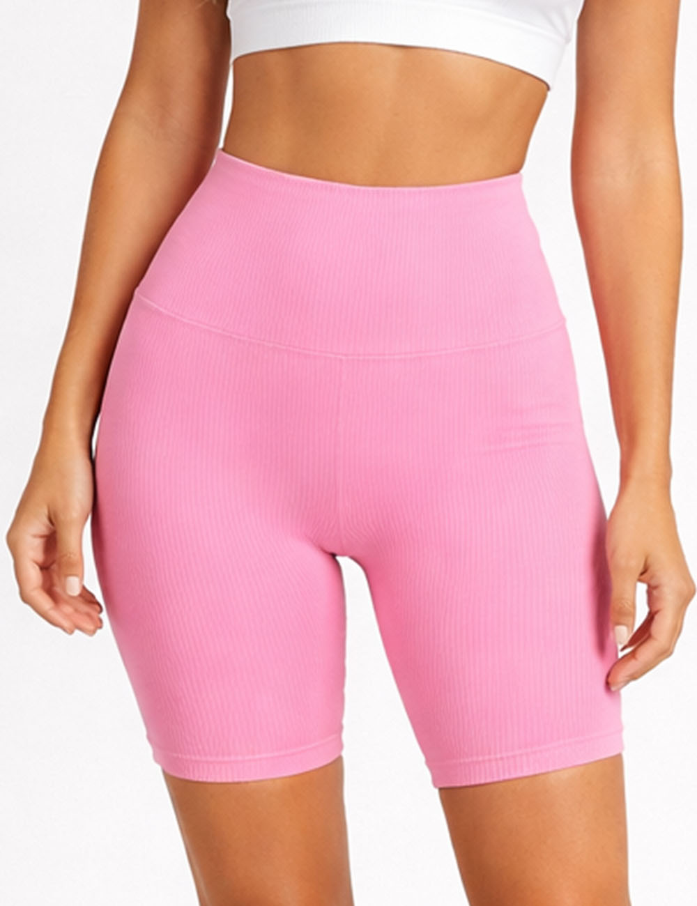Ladies Seamless Ribbed Knit Elastic Waist Biker Shorts