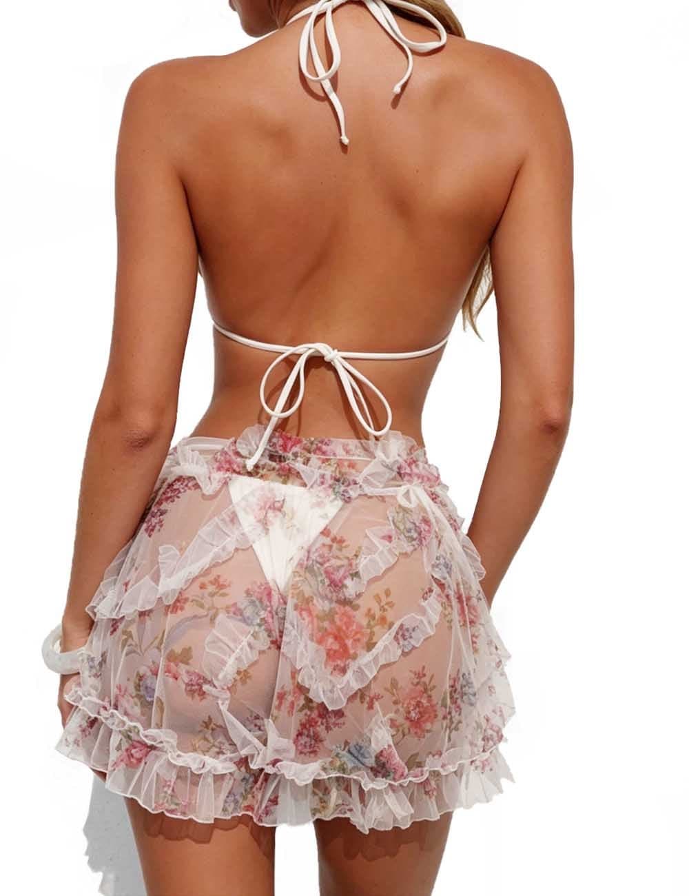 Ladies Triangle Bikini Set with Floral Print Wrap Cover Up Skirt