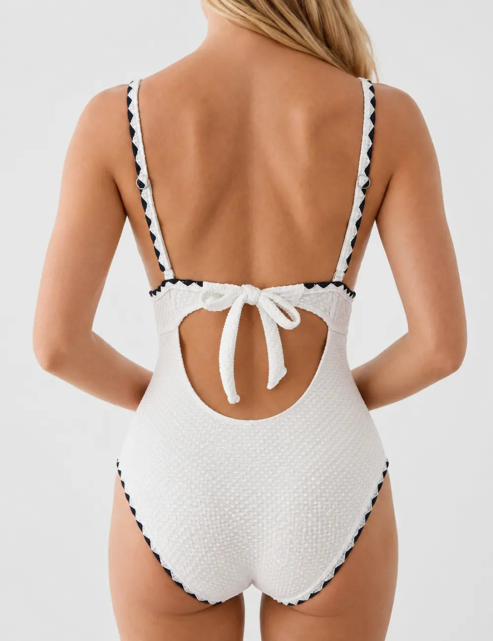 Ladies Textured Crinkle Fabric V-Neck One Piece Swimsuit