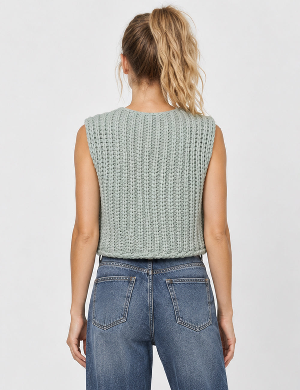 Ladies Solid Color Sleeveless Open Knit Sweater Vest