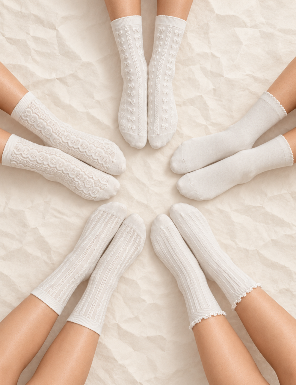 Ladies White Ruffle Cuff Pattern Mid Calf Socks