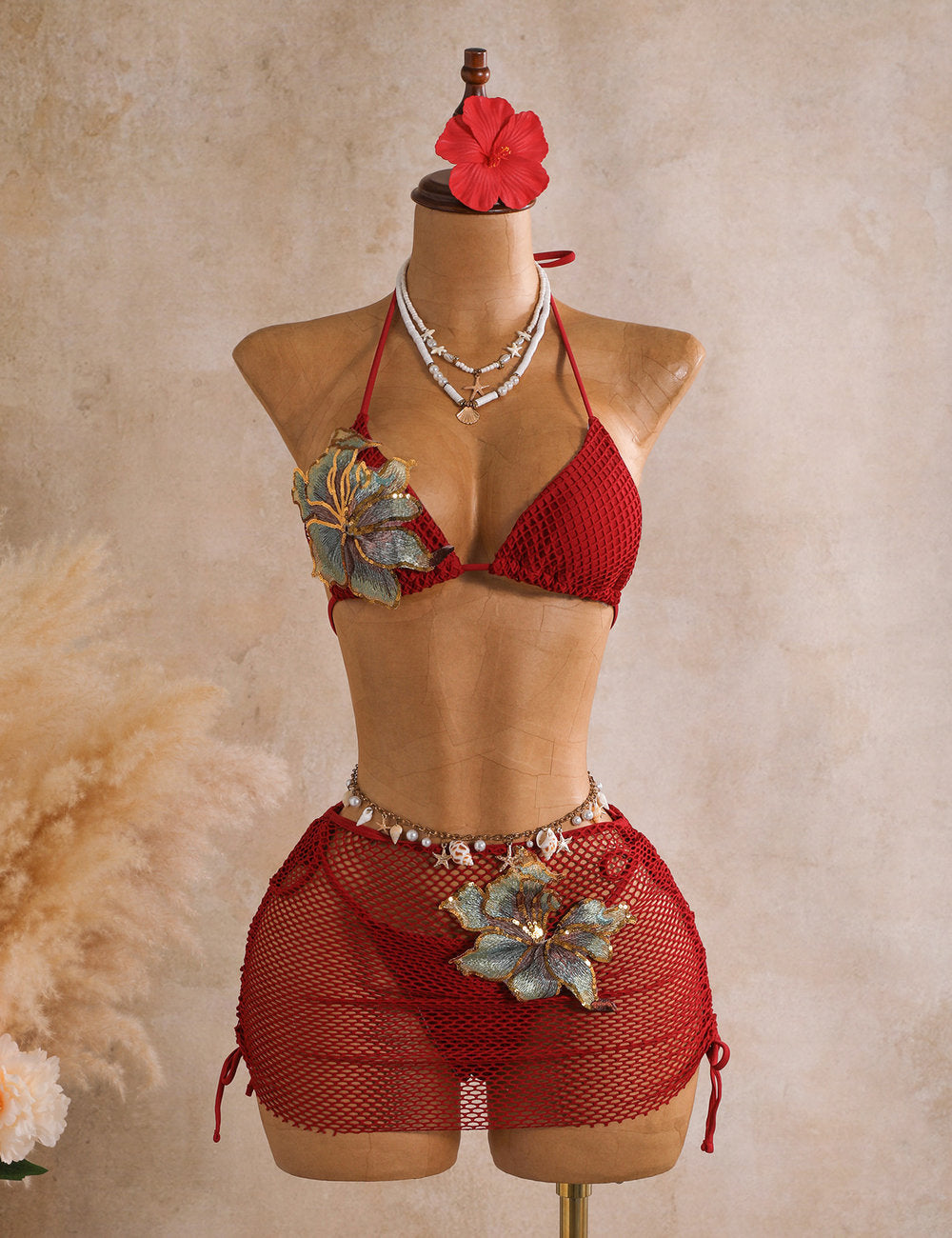Ladies Halter Neck Floral Applique Bikini Swimwear 3PCS Set