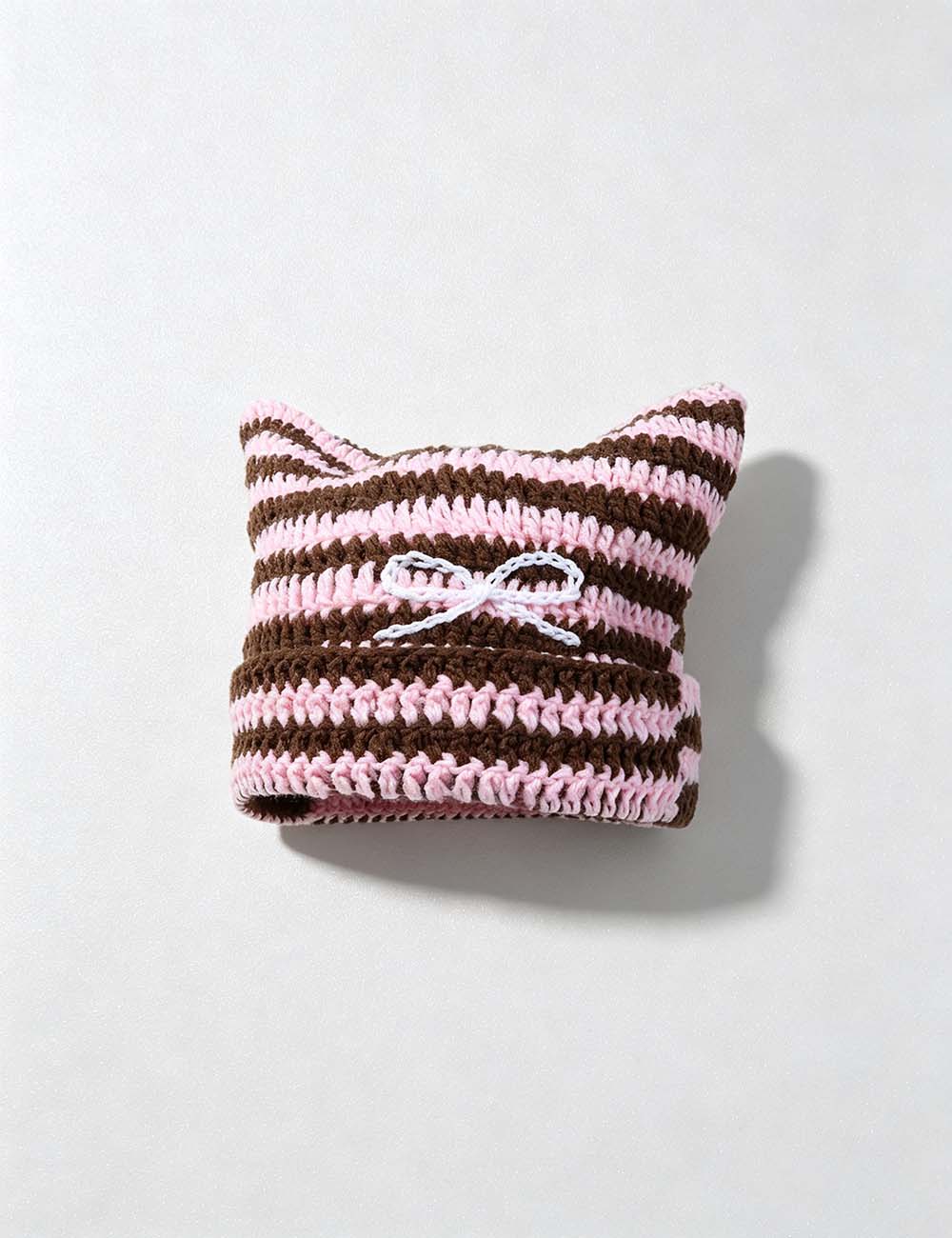 Ladies Cute Bow Striped Crochet Beanie Hat