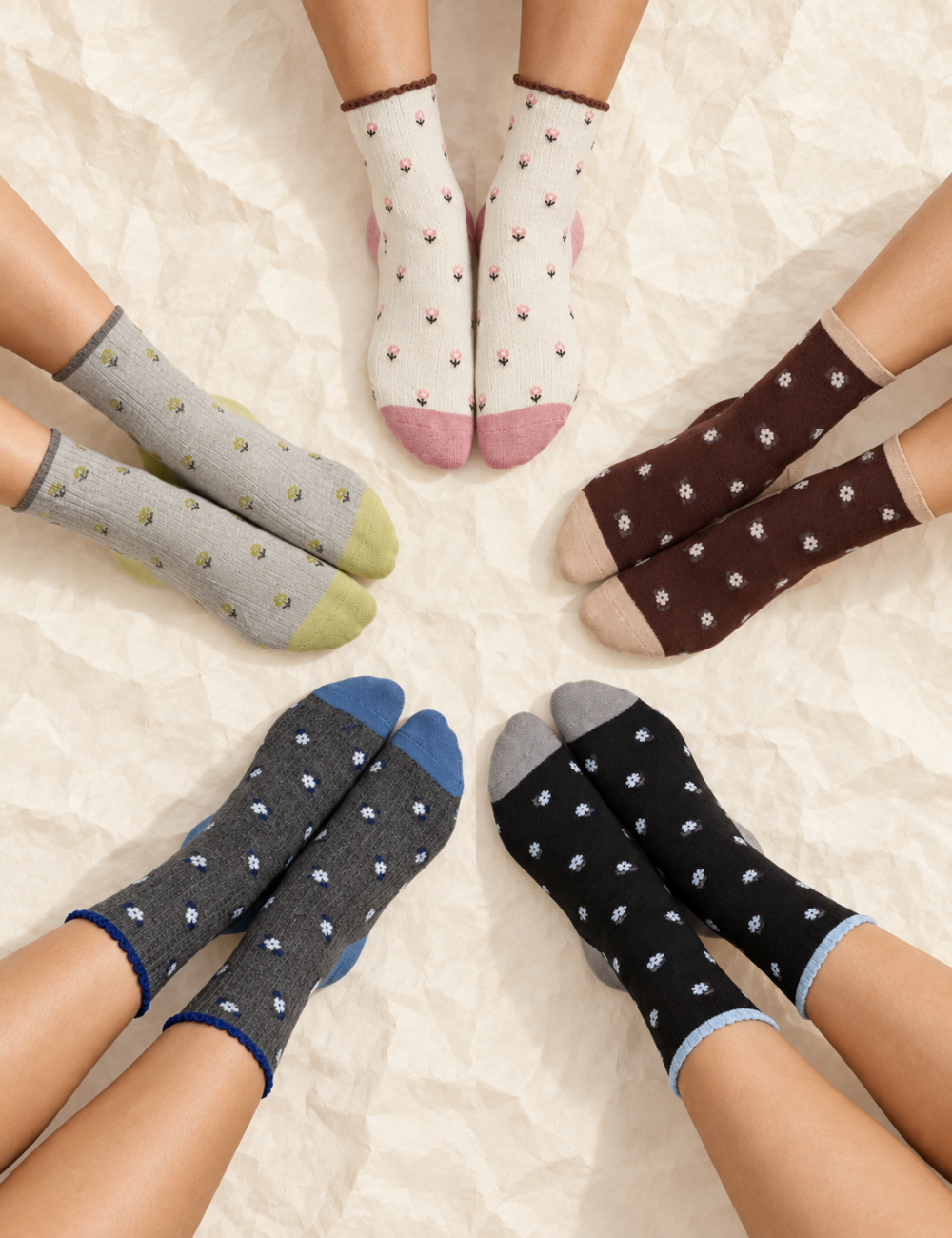 Ladies Floral Pattern Contrast Toe Mid Calf Socks