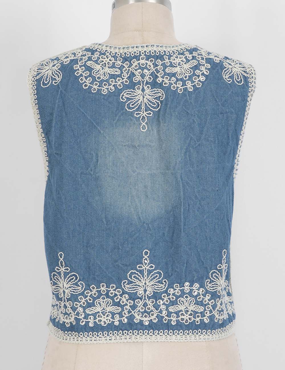 Ladies Boho Rhinestone Embroidery Button Front Denim Vest