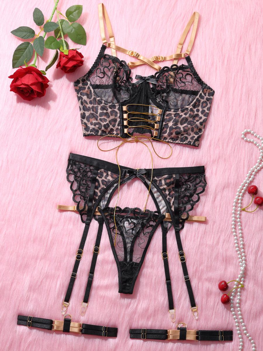 Ladies Leopard and Heart Lace Corset 3PCS Lingerie Set SKLG4025