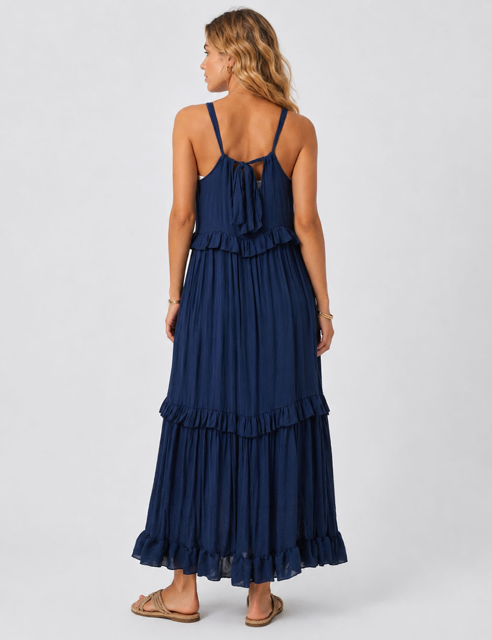 Ladies Boho Ruffle Tiered Hem Sleeveless Solid Color Maxi Dress