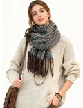 Ladies Vintage Floral Jacquard Fringe Oblong Knit Scarf