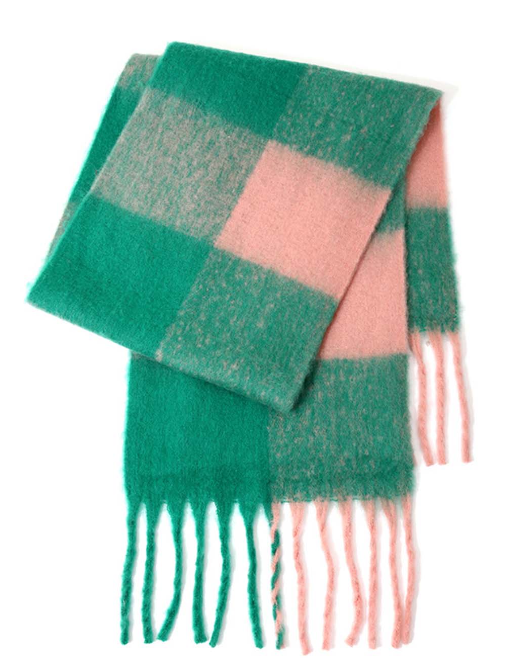 Ladies Color Block Checked Mohair Fringe Knit Scarf