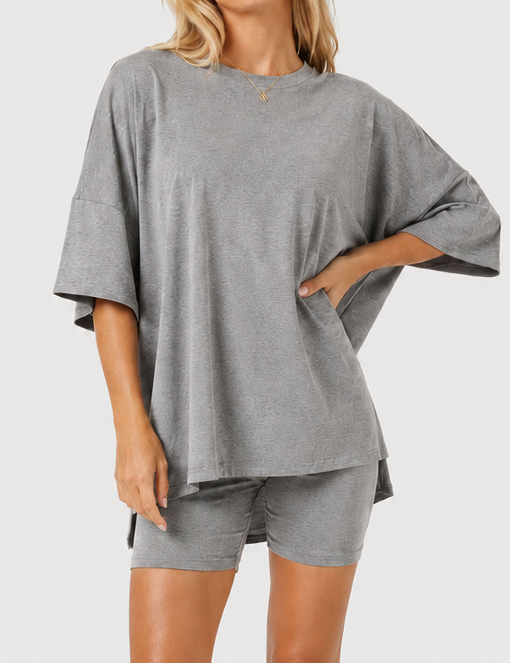 Ladies Solid Loungewear Outfits Loose Top & Slim Shorts Set