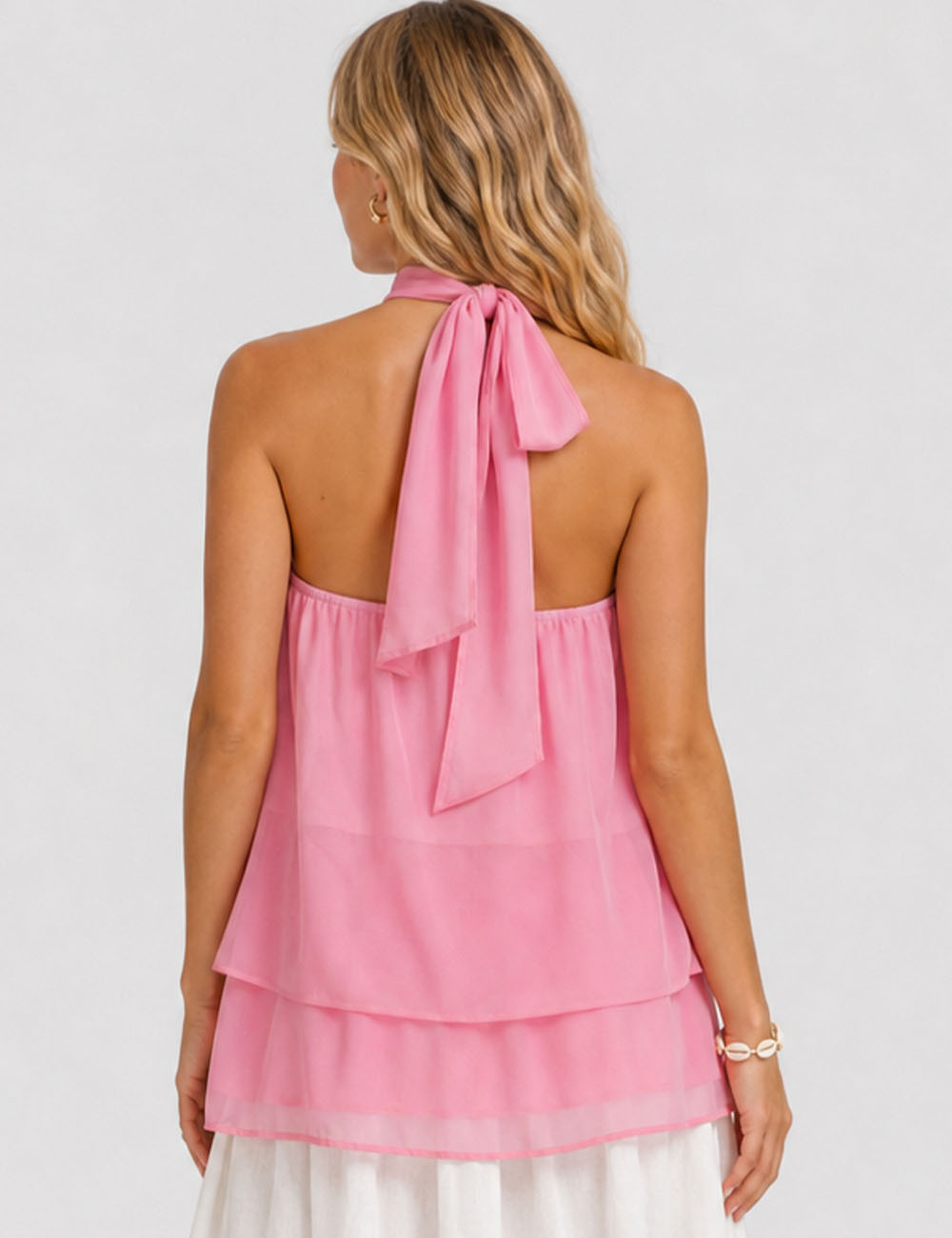 Ladies Chiffon Stand Neck Solid Color Ruffle Hem Sleeveless Top