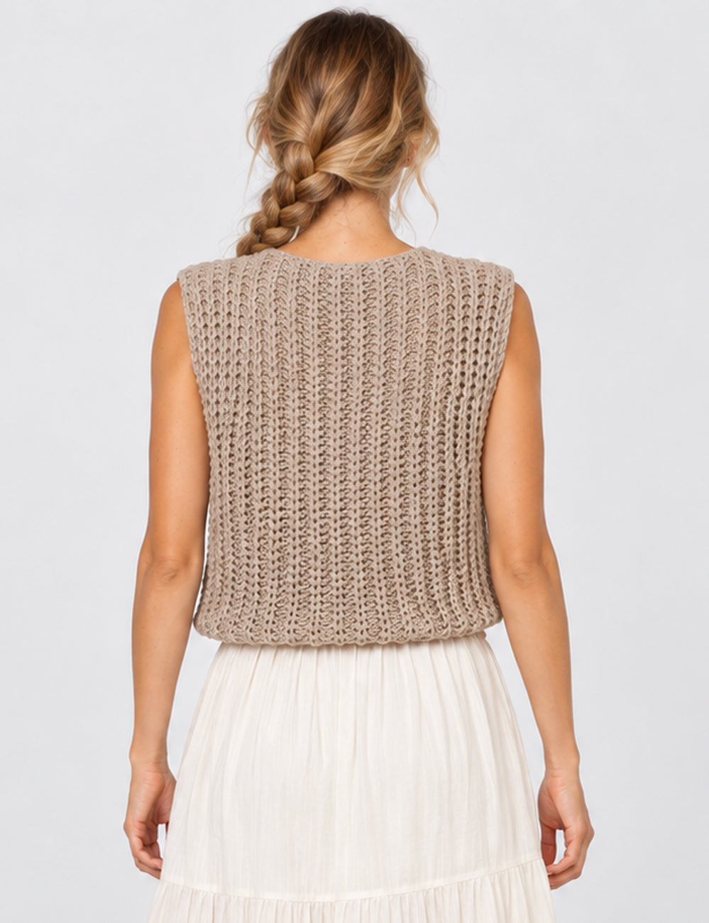 Ladies Solid Color Sleeveless Open Knit Sweater Vest