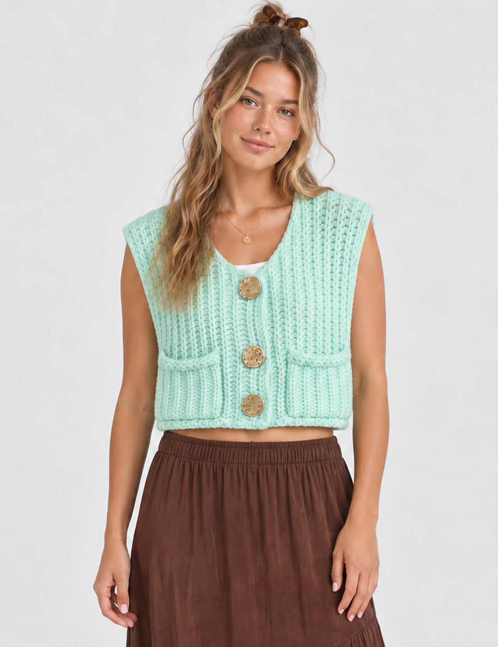 Ladies Solid Color Sleeveless Open Knit Sweater Vest