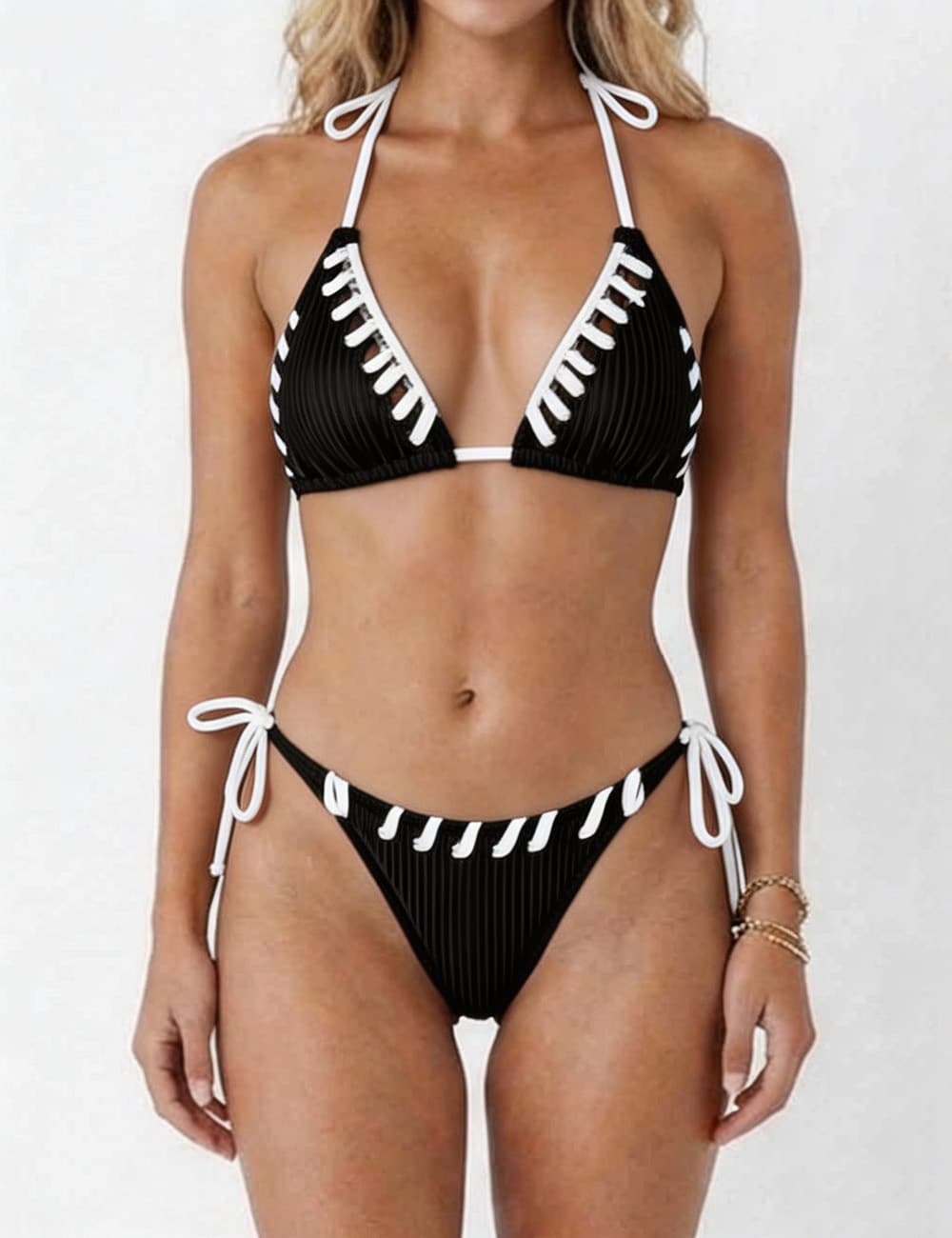 Ladies Contrast Stitch Ribbed Halter Triangle 2 Piece Bikini Set