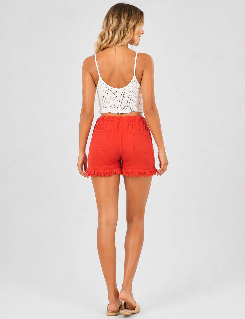 Ladies Solid Color Drawstring Waist Frayed Hem Denim Shorts