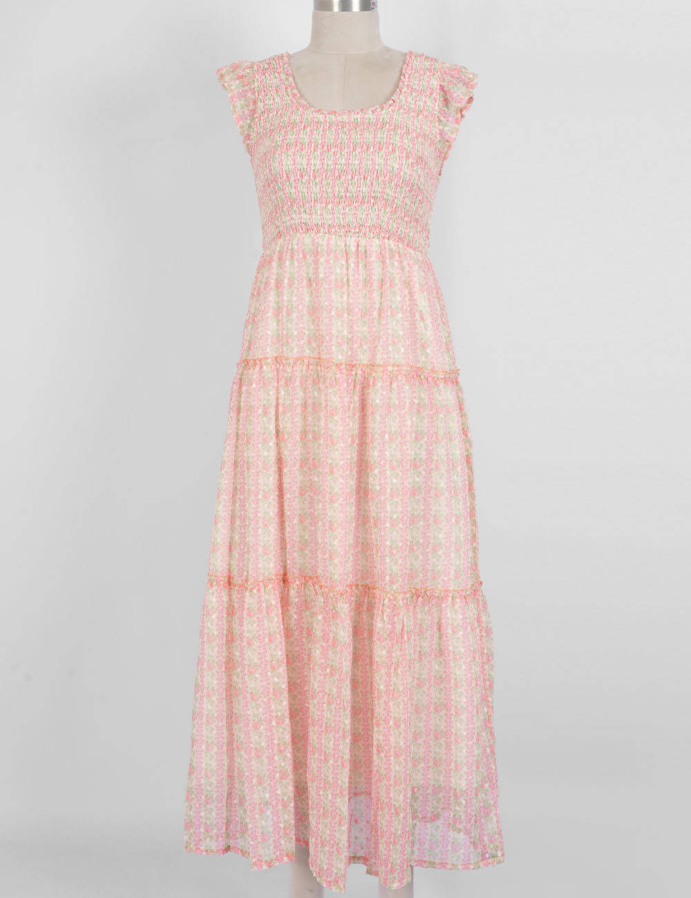 Ladies Floral Print Ruffle Sleeves Tiered Hem Smocked Maxi Dress