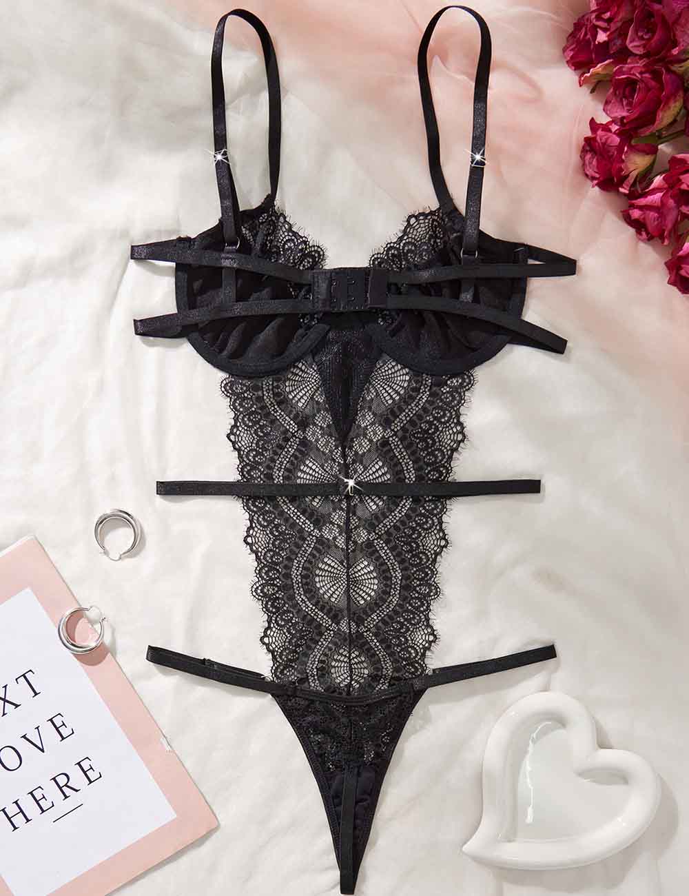Ladies Sexy Lace Mesh See Through Thong Lingerie Teddy