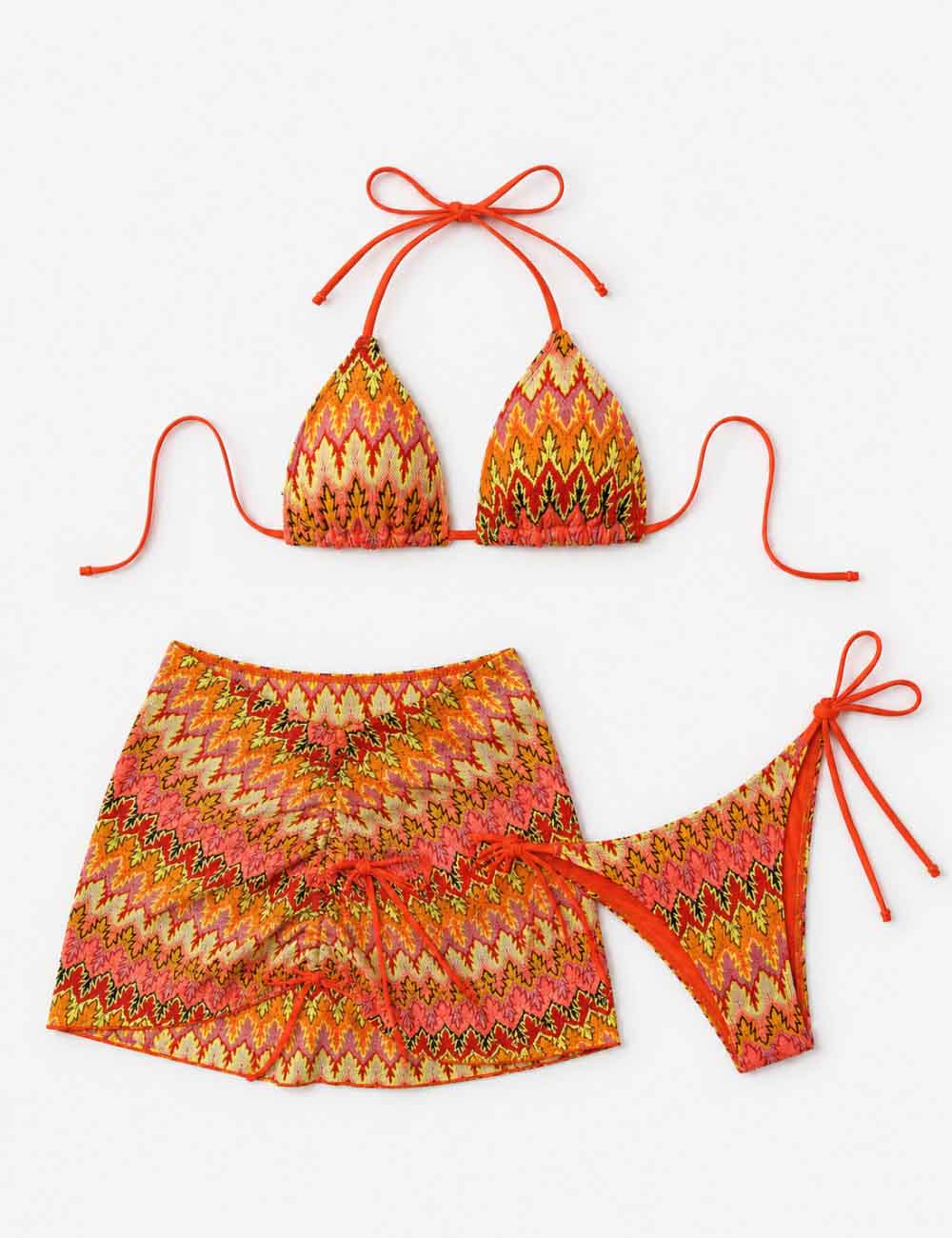Ladies Wave Striped Knit Triangle Bikini Set with Cover Up Skirt