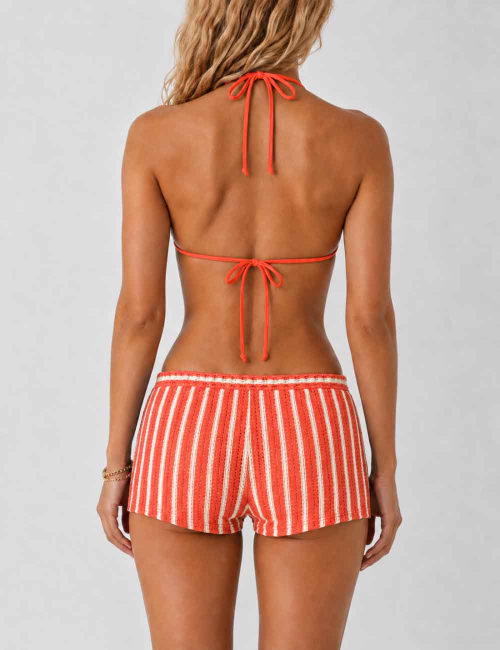 Ladies Striped Crochet Triangle 3 Piece Bikini Set With Cover Up Shorts
