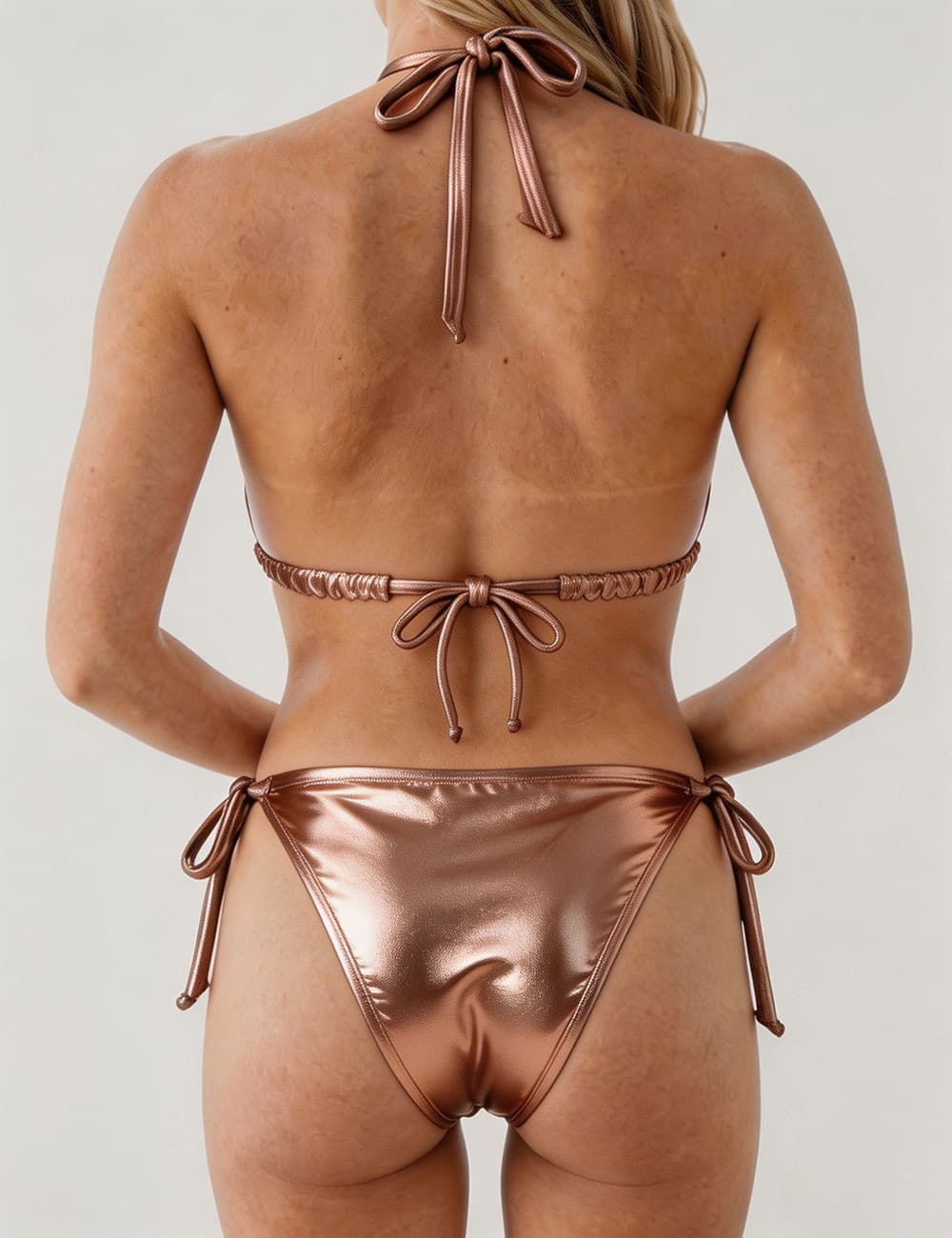 Ladies Metallic Pearl Ring Halter Triangle 2 Piece Bikini Set