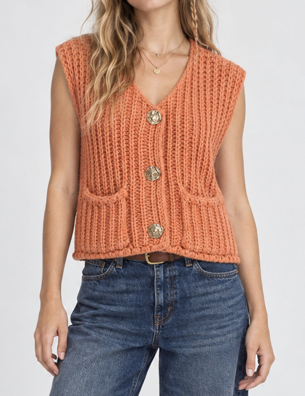 Ladies Solid Color Sleeveless Open Knit Sweater Vest