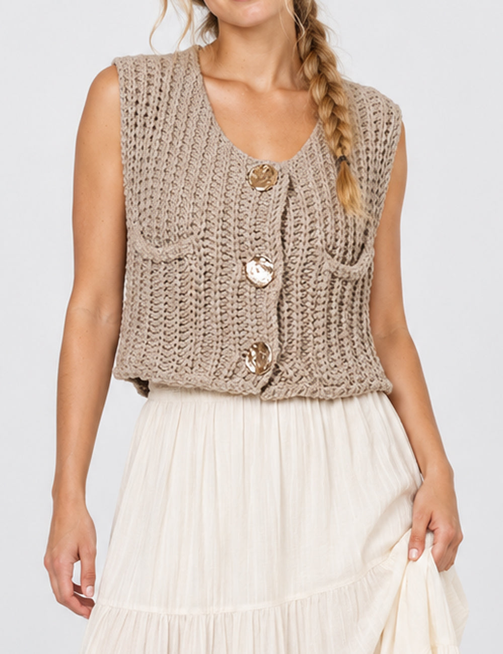 Ladies Solid Color Sleeveless Open Knit Sweater Vest