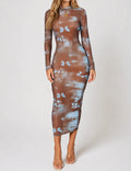 Ladies Bodycon Mock Neck Tie Dye Bow Print Midi Dress