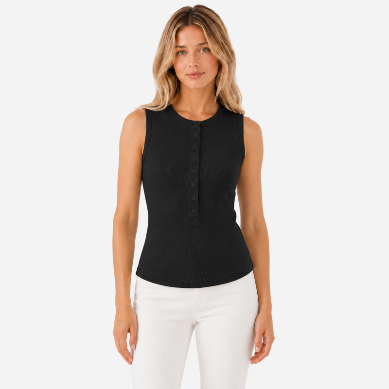 Ladies Crew Neck Button Sleeveless Top