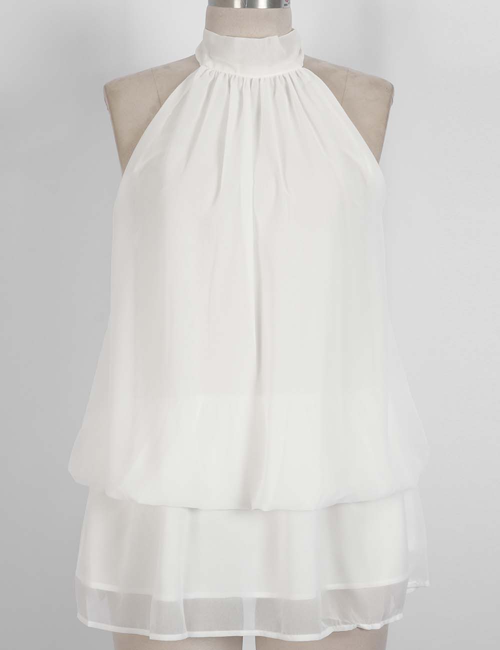 Ladies Chiffon Stand Neck Solid Color Ruffle Hem Sleeveless Top