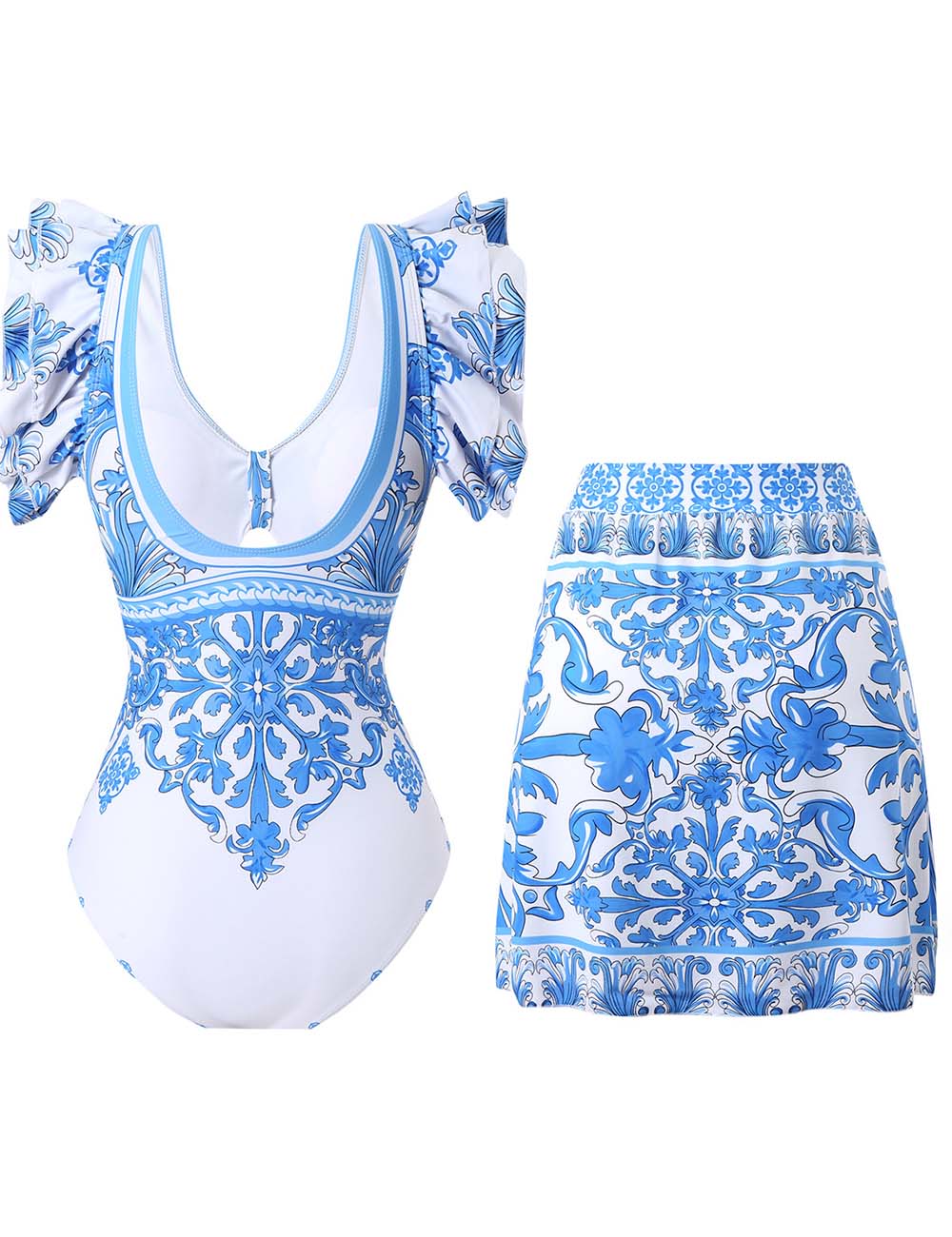 Ladies Ruff Sleeves One-Piece Swimsuit with Wrap Sarong