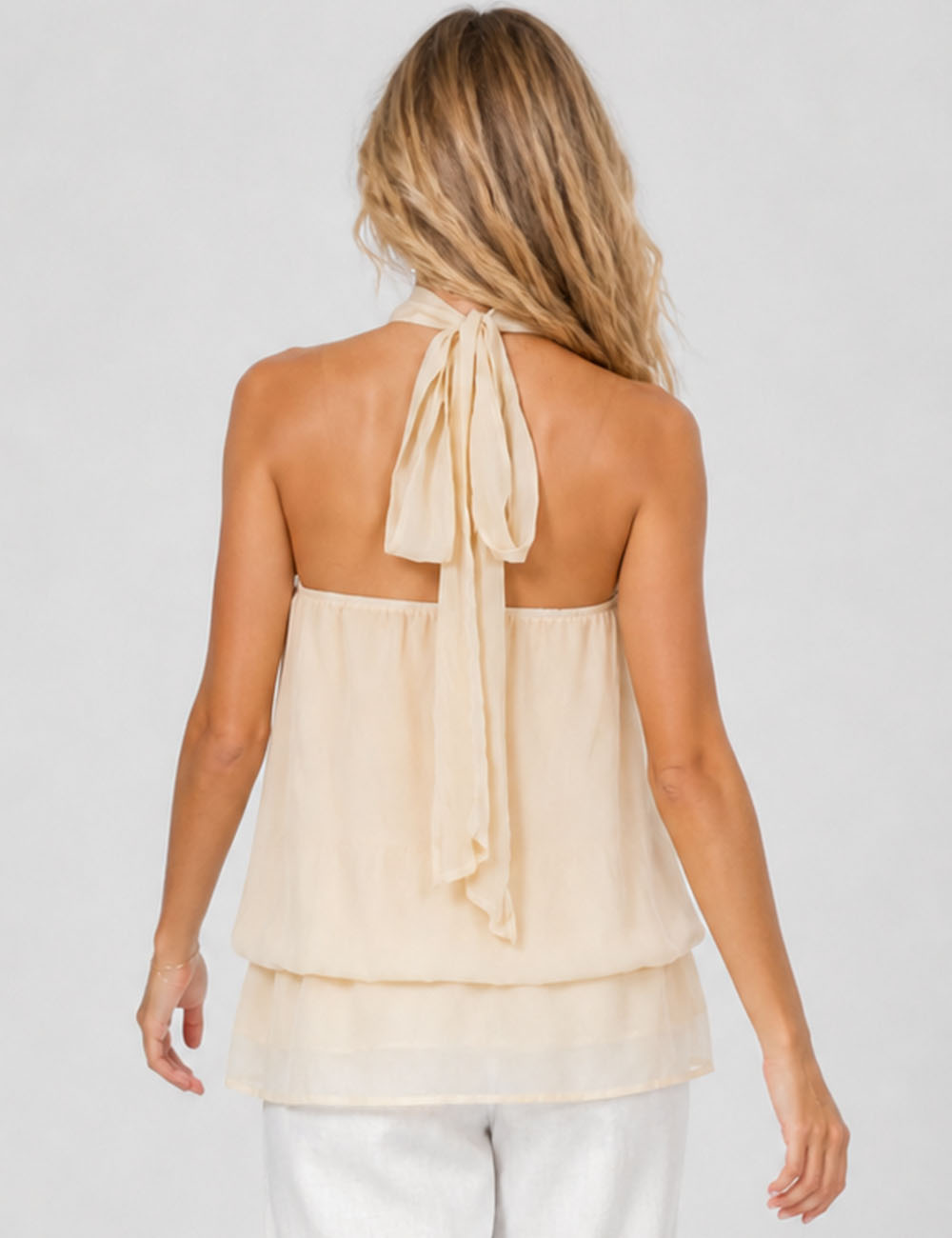 Ladies Chiffon Stand Neck Solid Color Ruffle Hem Sleeveless Top