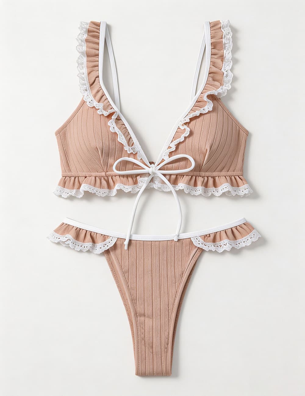 Ladies Contrast Lace Ruffle Trim V-Neck Triangle Bikini Set