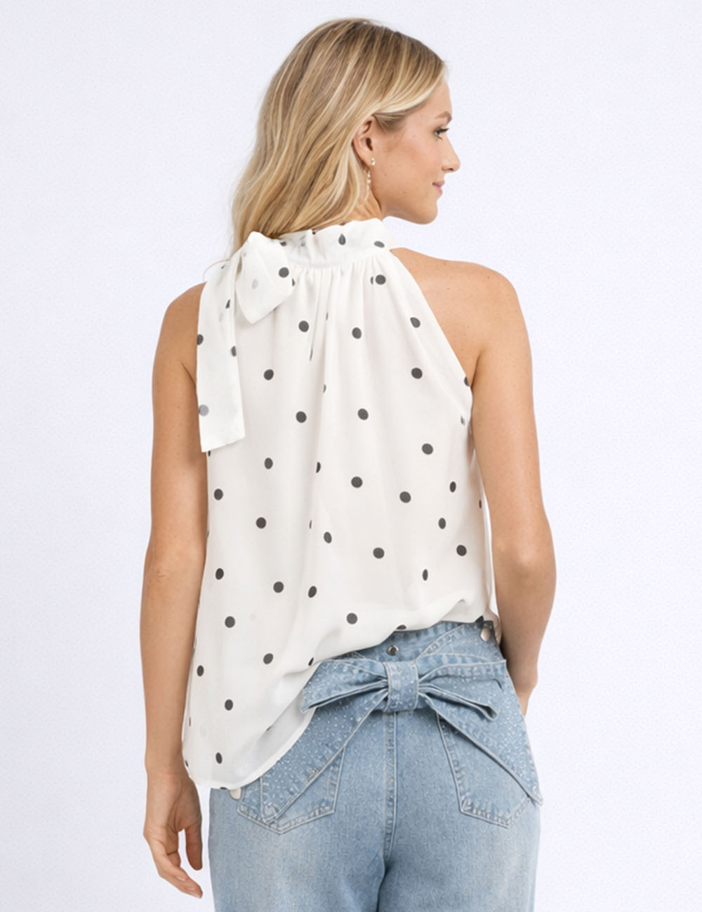 Ladies Bow Tie Neck Halter Polka Dot Sleeveless Top
