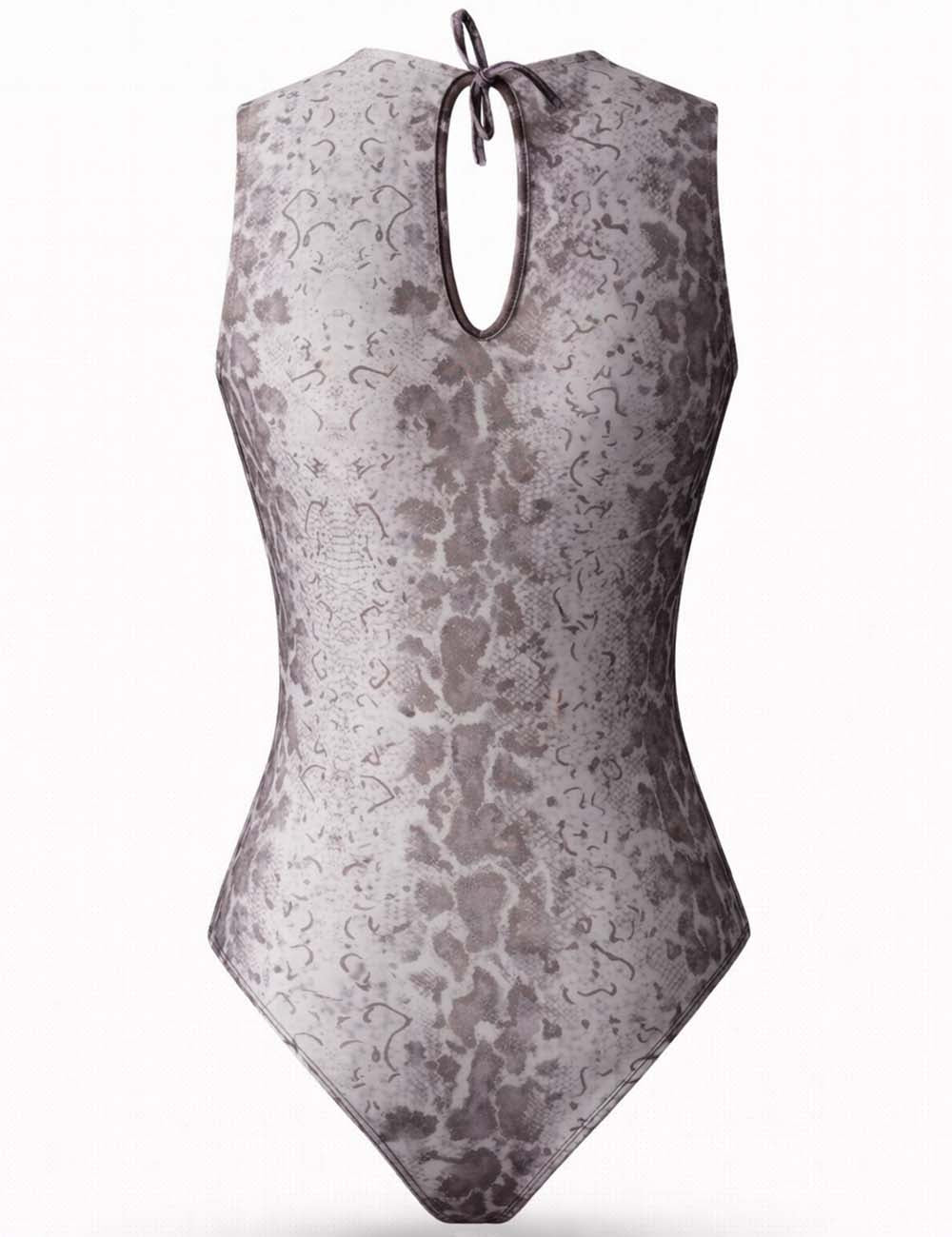 Ladies Snake Print Round Neck Sleeveless One Piece Swimsuit