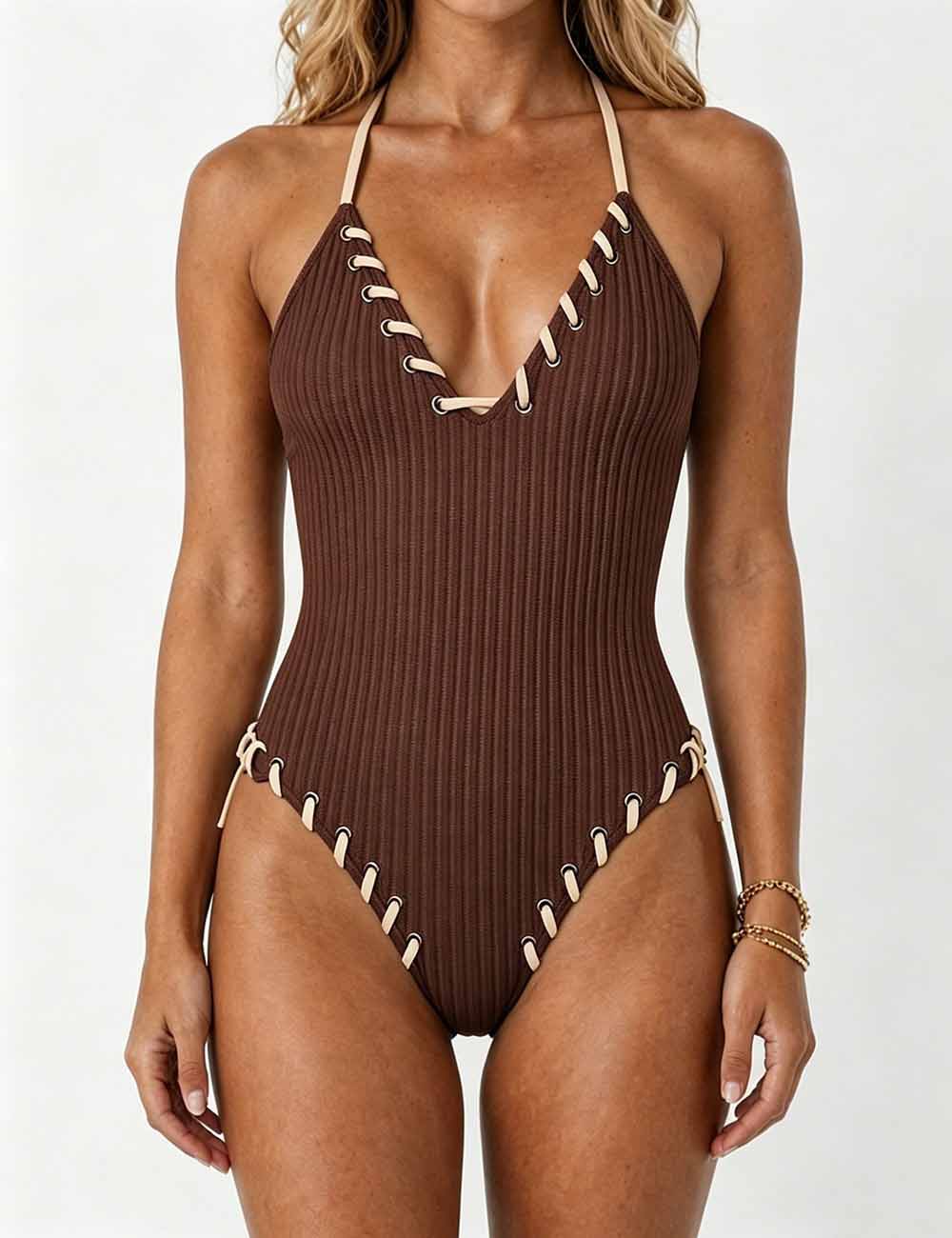 Ladies Lace-Up Accents Along High Leg Cut One Piece Swimsuit