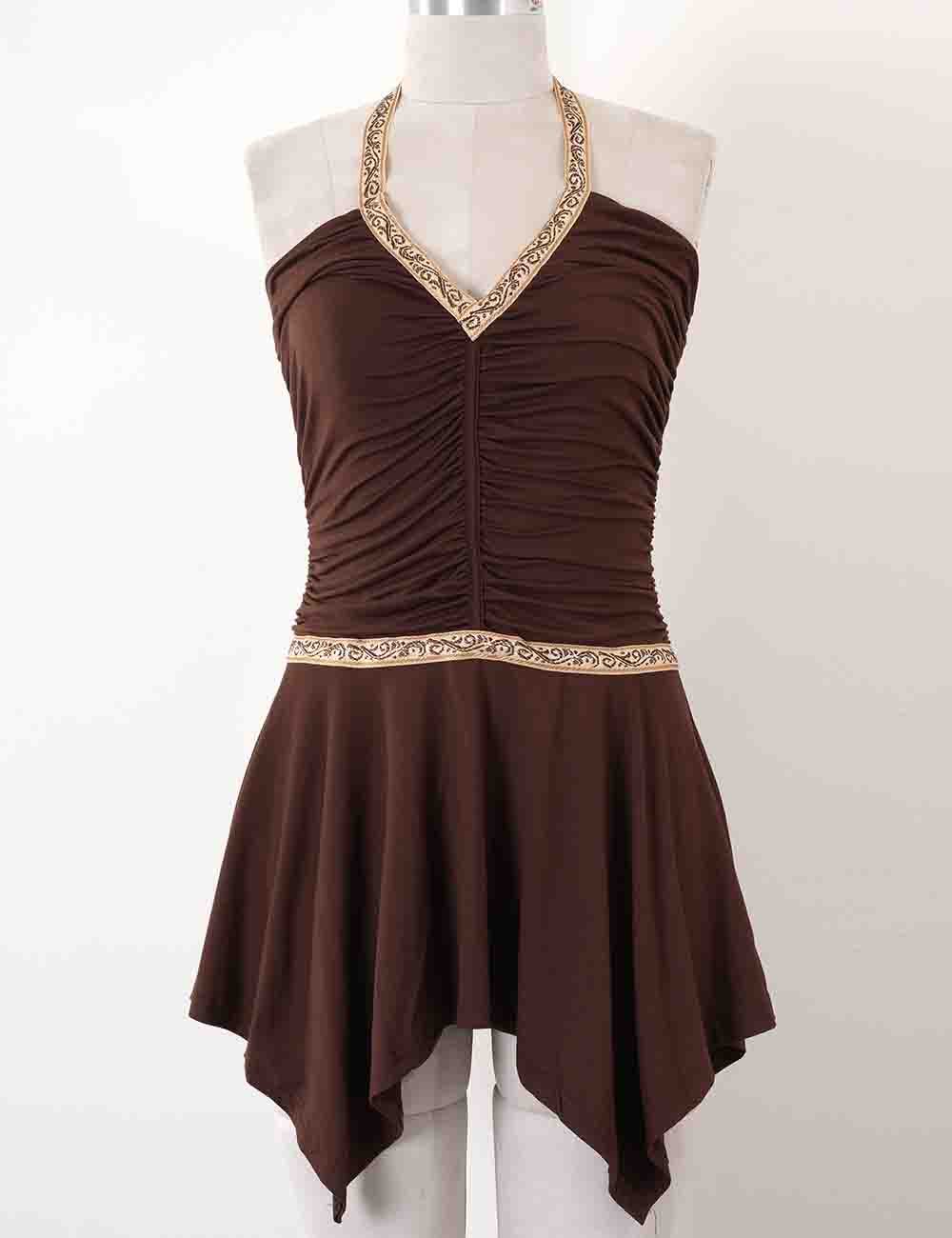 Ladies Halter Neck Ruched Contrast Trim Irregular Mini Dress