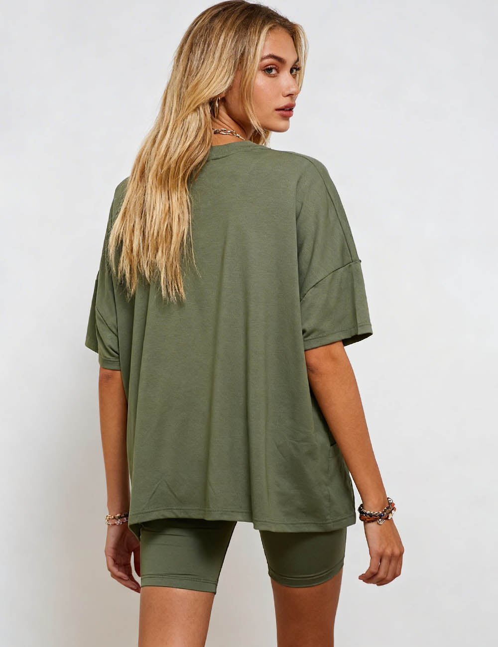 Ladies Solid Loungewear Outfits Loose Top & Slim Shorts Set