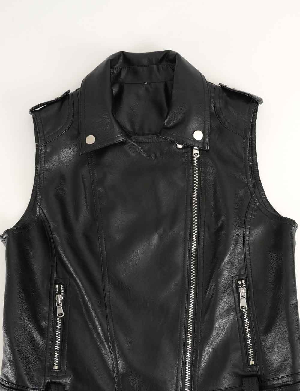 Ladies Faux Leather Notched Collar Zip-Up Sleeveless Vest
