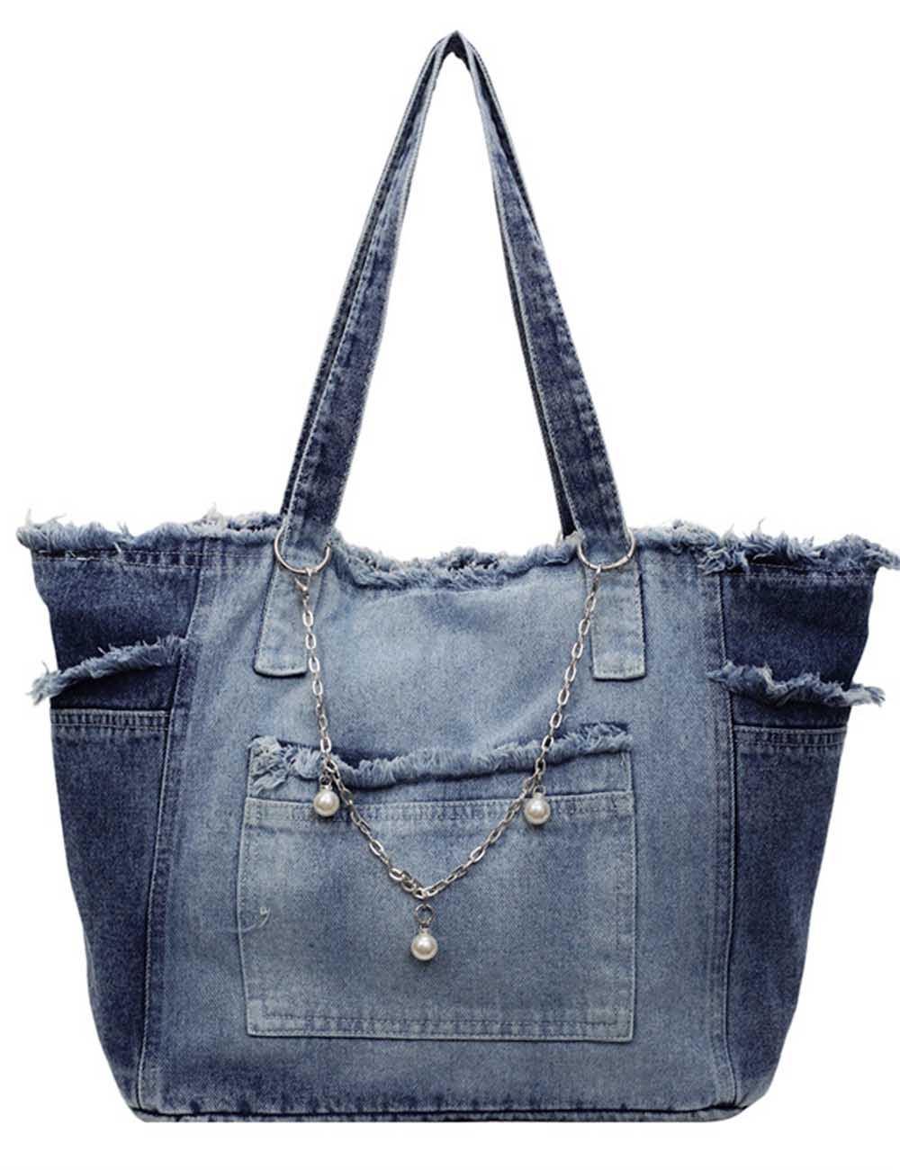 Ladies Large Capacity Frayed Denim Tote Bag