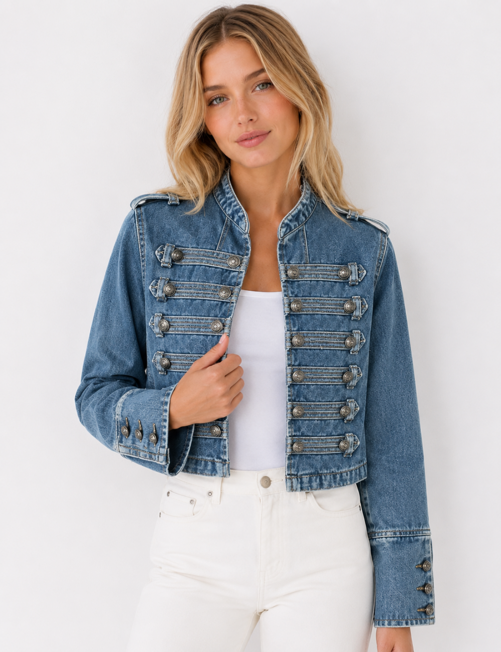 Ladies Casual Button Front Long Sleeves Denim Jacket