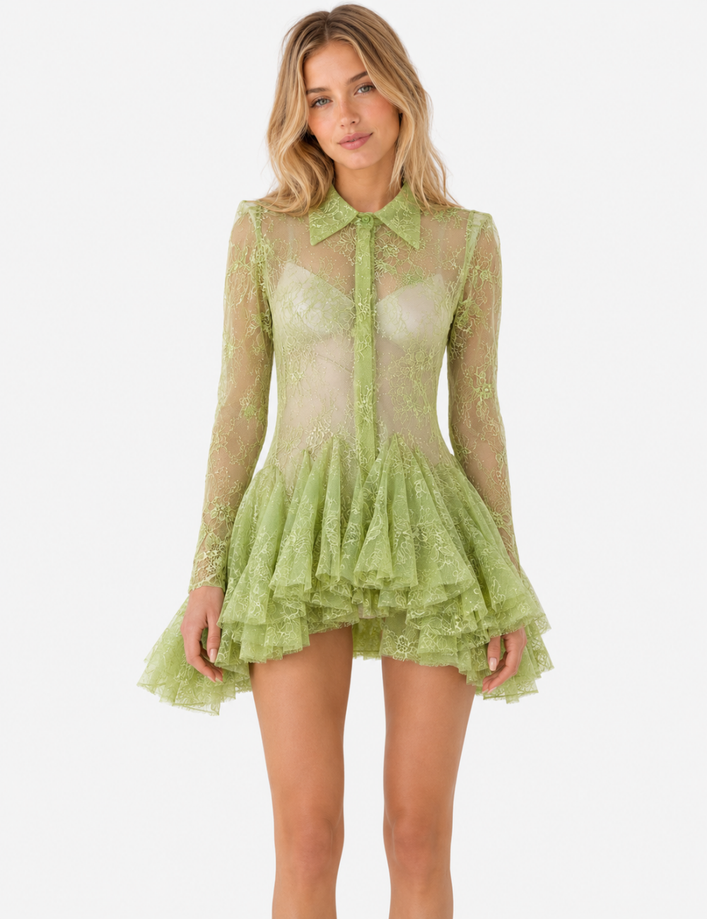 Ladies Chic Sheer Lace Shirt Collar Flared Sleeves Ruffle Blouse