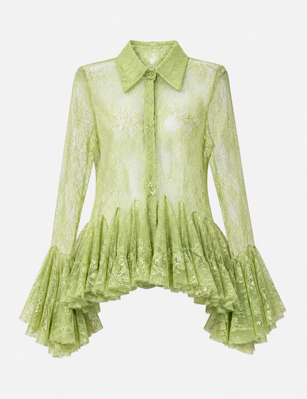 Ladies Chic Sheer Lace Shirt Collar Flared Sleeves Ruffle Blouse