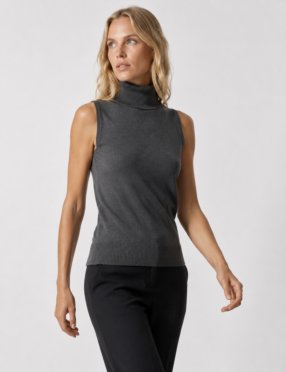 Ladies Knit Turtleneck Ribbed Hem Sleeveless Pullover Top