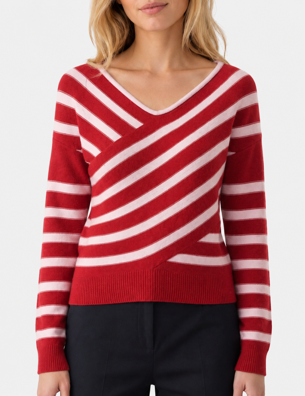 Ladies V Neck Striped Off Shoulder Long Sleeve Sweater